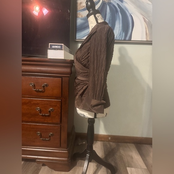VICTOR COSTA Long Sleeve Taffeta Crinkled Top Jacket Brown Sz.6 Metallic Brown - Picture 3 of 5